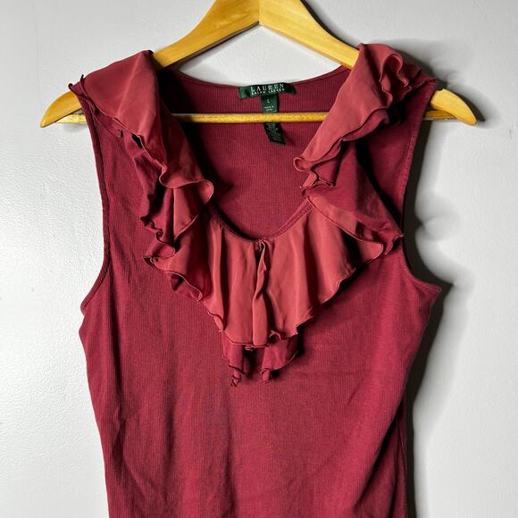 Vintage Lauren Ralph Lauren Y2K Women’s Babydoll Tank Large Maroon Chiffon 90s - Picture 2 of 6